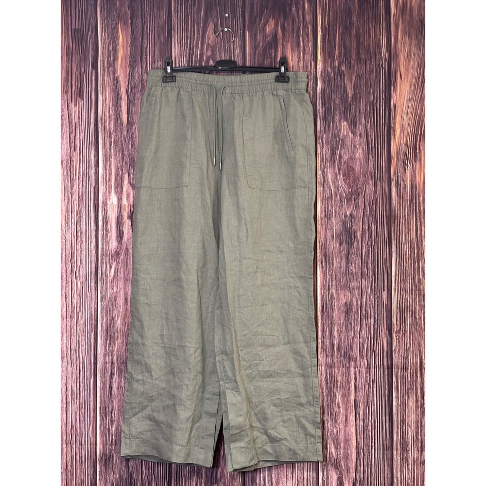Athleta Wide Leg Pants Womens Size L Sage Green 100% Linen Drawstring Relaxed - Picture 2 of 14